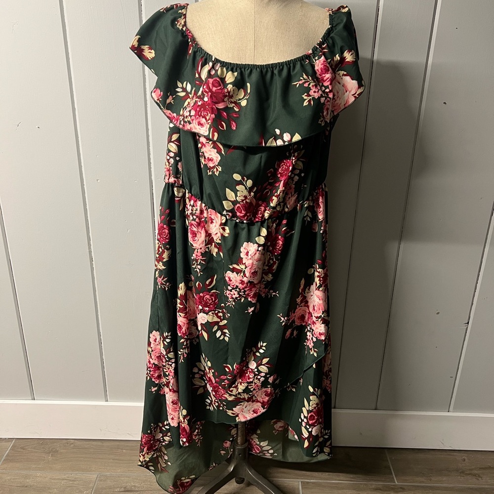 SHEIN Green Floral High Low Dress